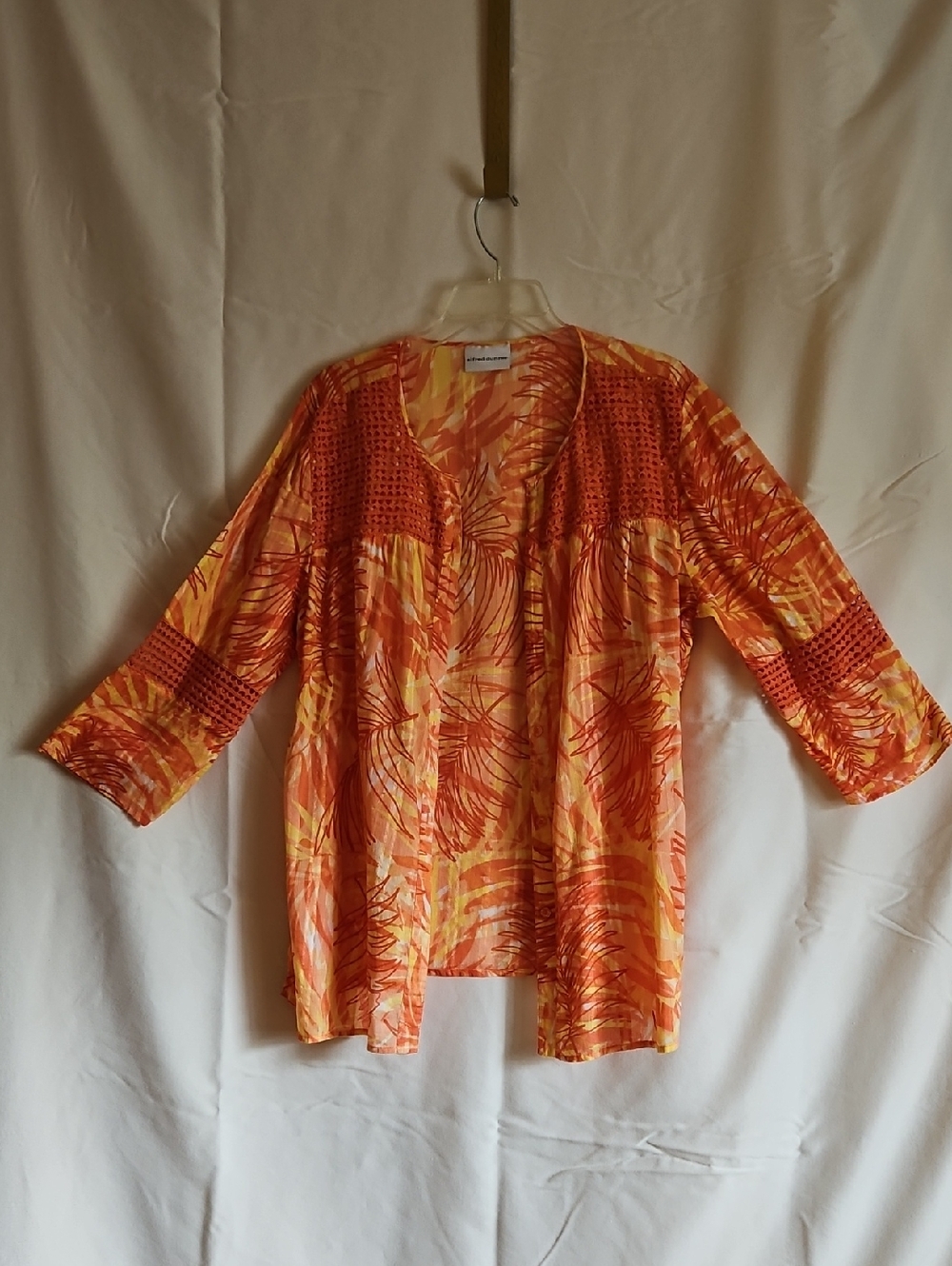 Alfred Dunner Orange and Yellow Leaf-Print Open Cardigan